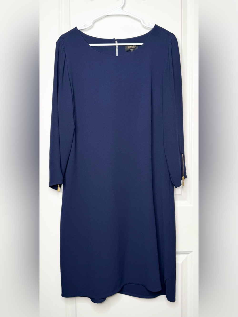 Laundry by Shelli Segal Size 12 Navy Blue Shift Dress Gold Zipper Sleeve Career